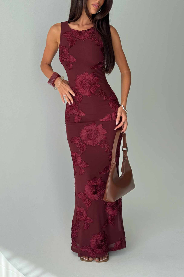 Selvana Women's Sleeveless Floral Maxi Dress, Fall Wedding Guest Dress – Burgundy