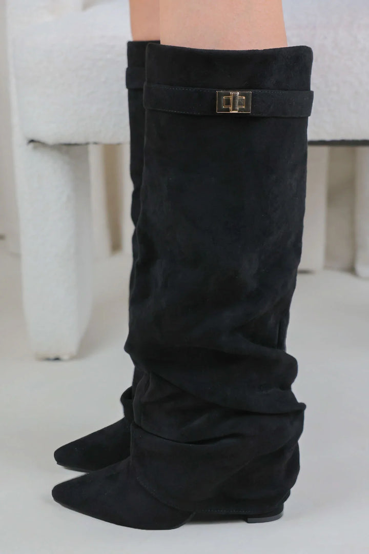 Favinella Slouchy Suede Knee Boots - Black