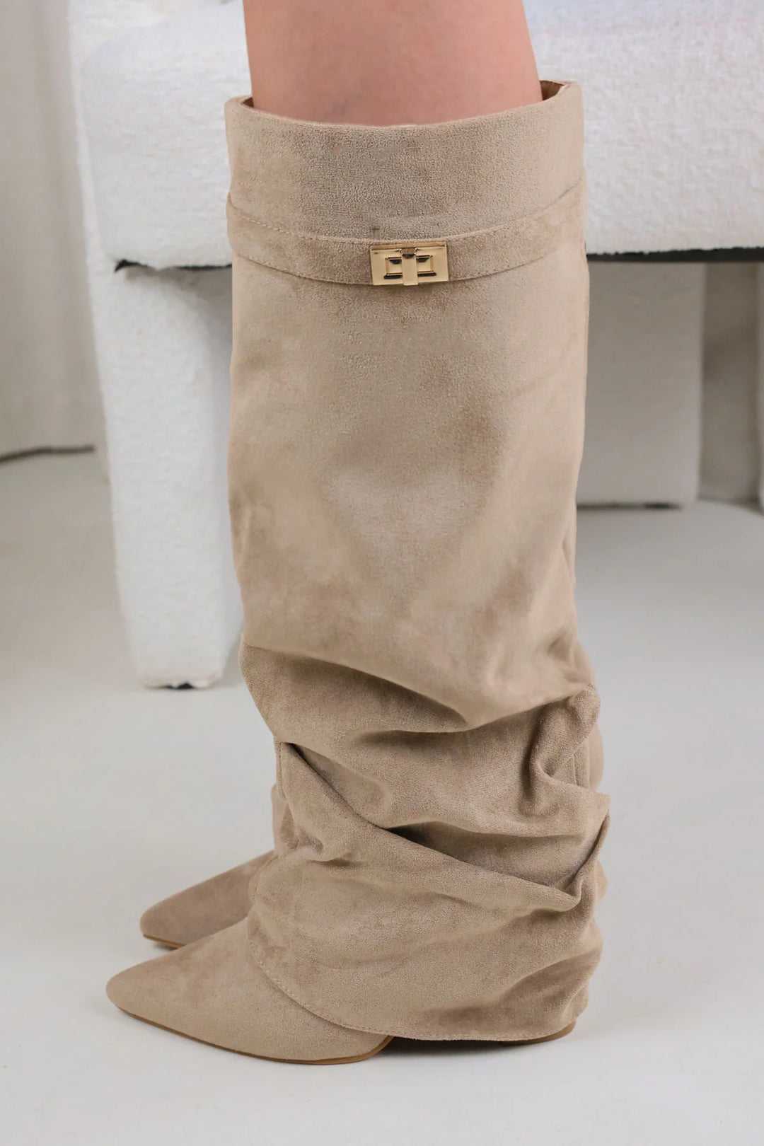 Favinella Slouchy Suede Knee Boots - Beige