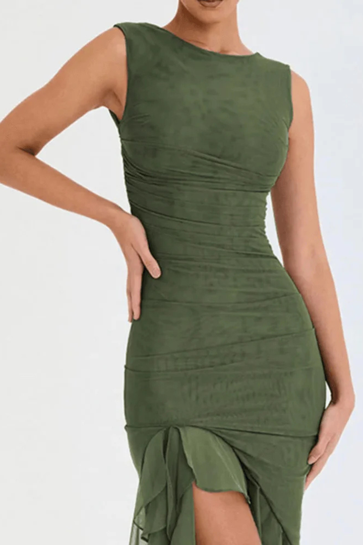 Ava Ruched Asymmetric Midi Dress