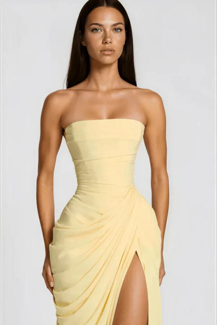 Cosette Women's Strapless Ruched Bridesmaid Dress, High Slit Maxi Dress
