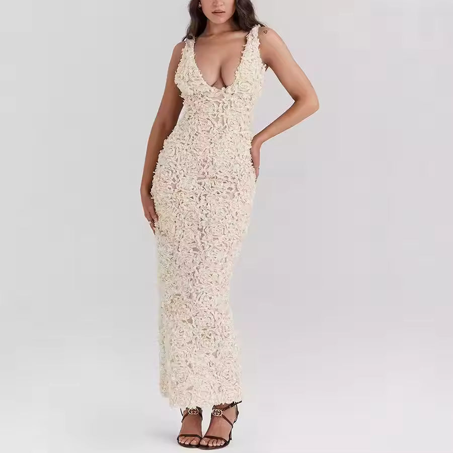 Celi White Floral V-Neck Maxi Dress