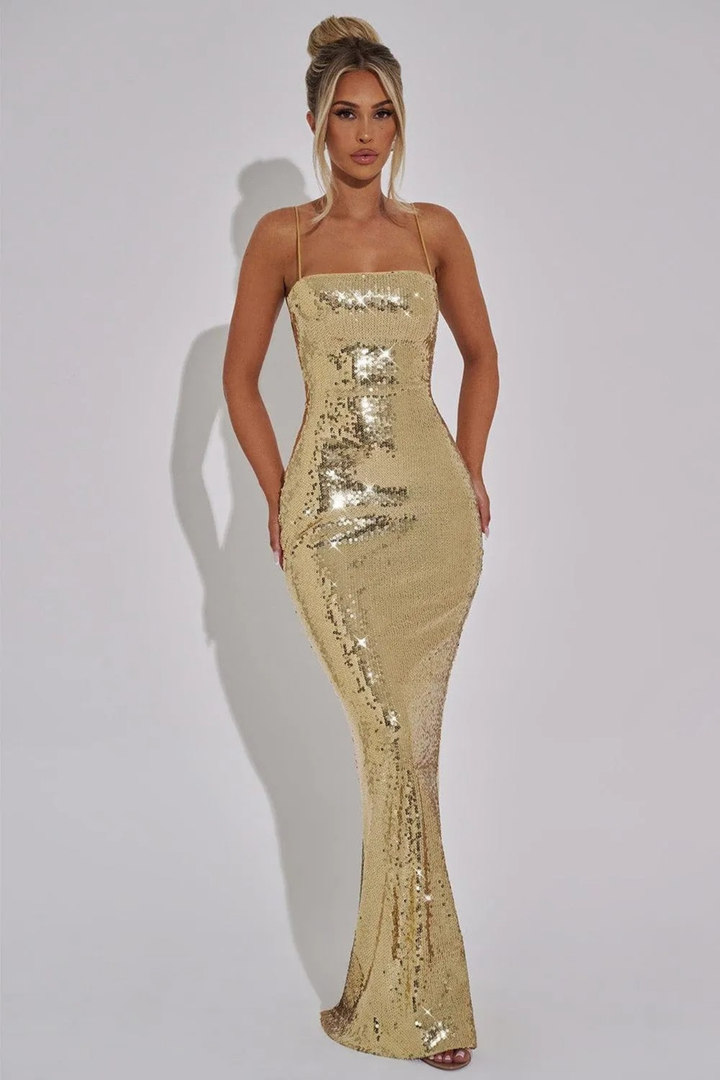 Wrenley Women's Strapless Sequin Maxi Dress, Backless Lace-Up Gala Dress – Gold