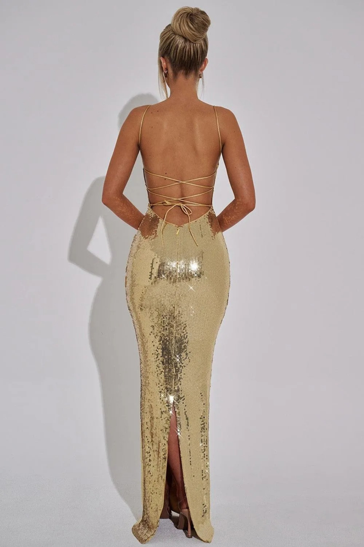 Wrenley Women's Strapless Sequin Maxi Dress, Backless Lace-Up Gala Dress – Gold