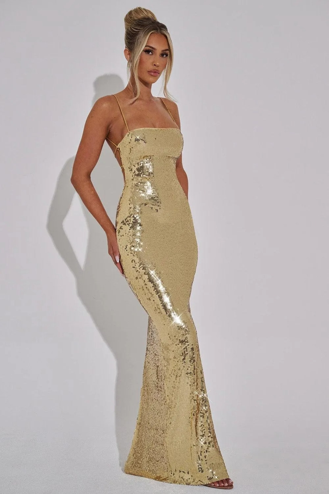 Wrenley Women's Strapless Sequin Maxi Dress, Backless Lace-Up Gala Dress – Gold
