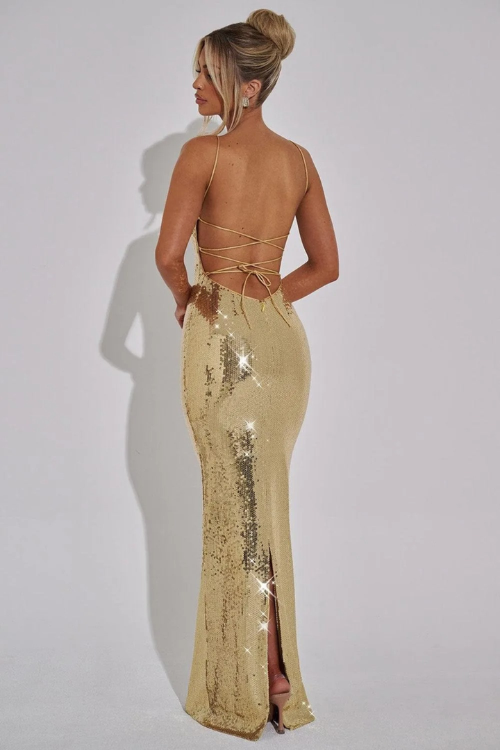 Wrenley Women's Strapless Sequin Maxi Dress, Backless Lace-Up Gala Dress – Gold
