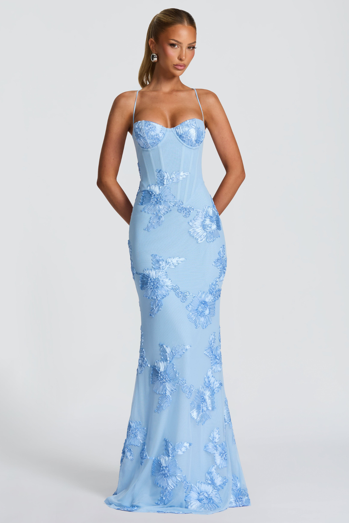 Ottavia Women's Strapless Sweetheart Maxi Dress, Floral Formal Gala Dress – Light Blue