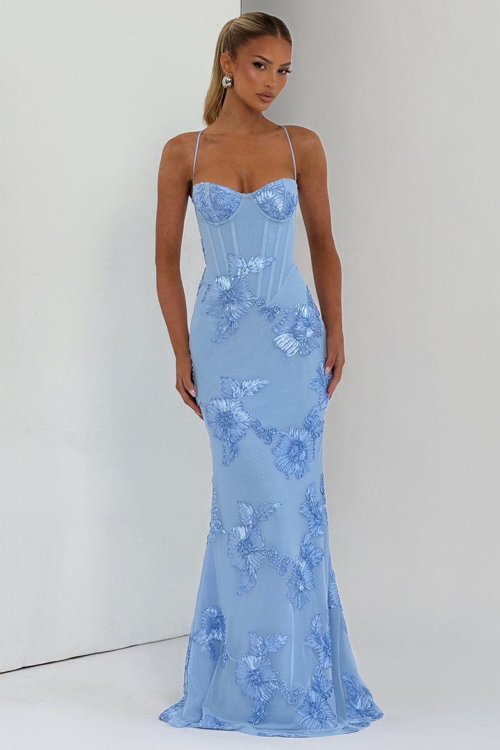 Ottavia Women's Strapless Sweetheart Maxi Dress, Floral Formal Gala Dress – Light Blue