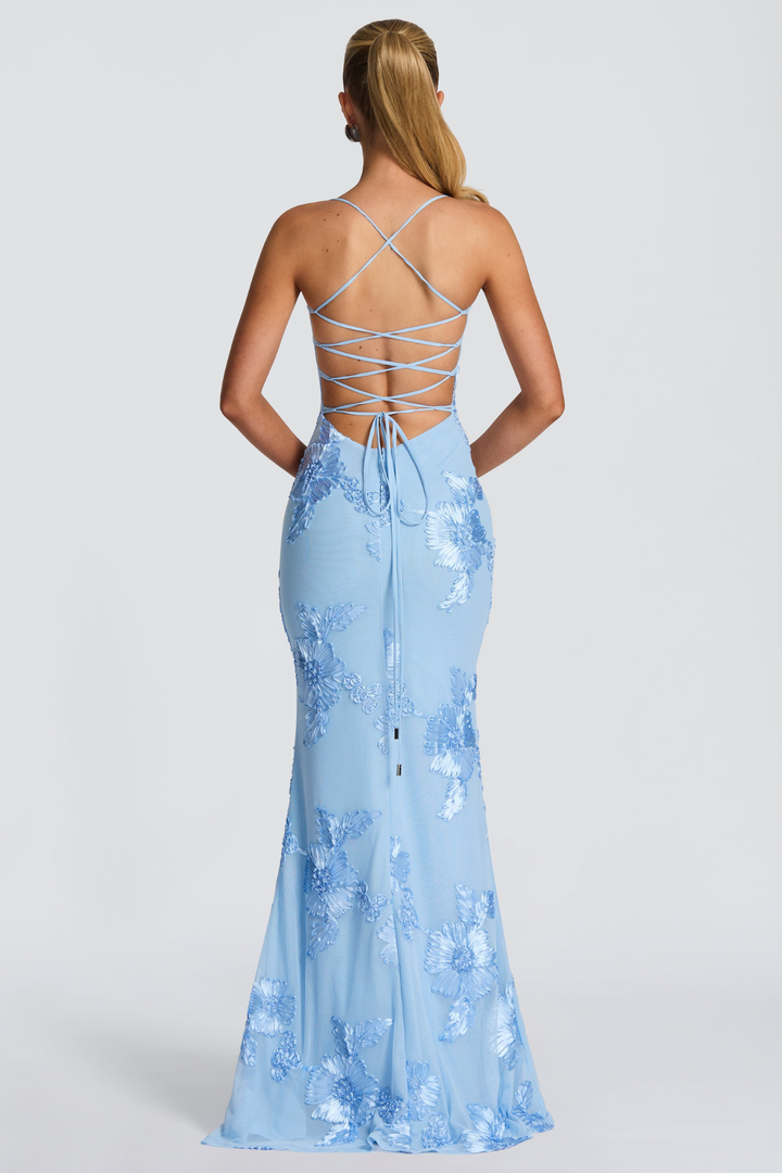 Ottavia Women's Strapless Sweetheart Maxi Dress, Floral Formal Gala Dress – Light Blue