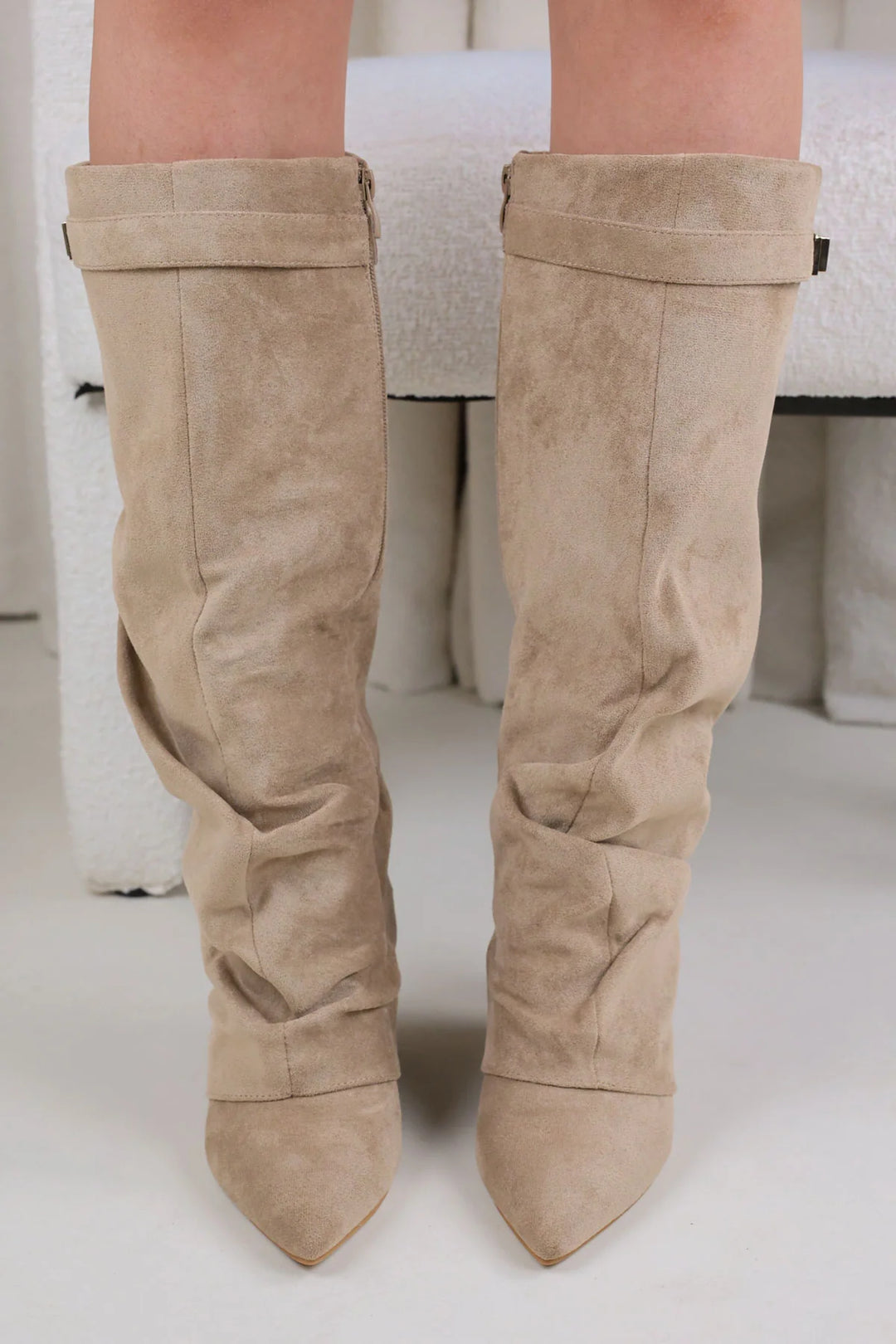 Favinella Slouchy Suede Knee Boots - Beige