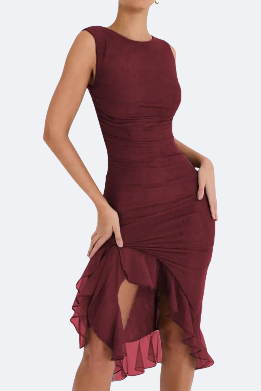 Ava Ruched Asymmetric Midi Dress