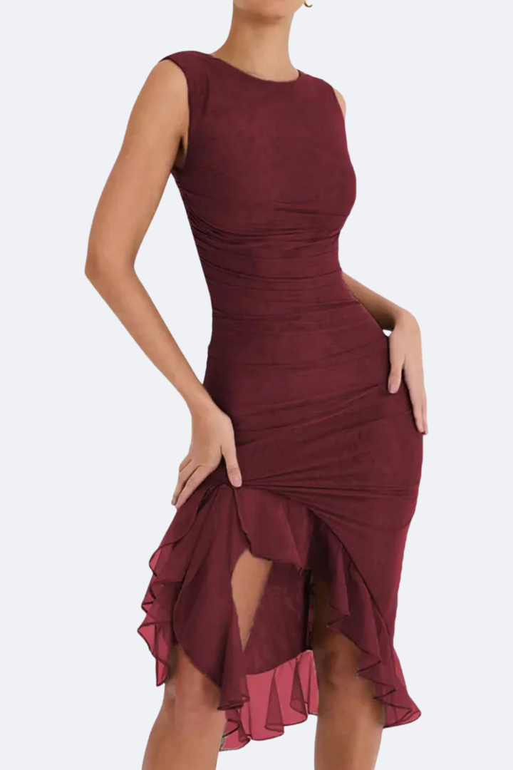 Ava Ruched Asymmetric Midi Dress