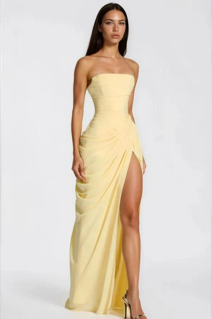 Cosette Women's Strapless Ruched Bridesmaid Dress, High Slit Maxi Dress