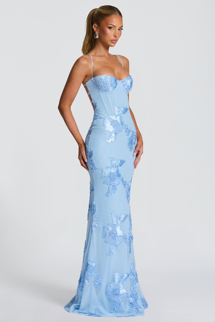 Ottavia Women's Strapless Sweetheart Maxi Dress, Floral Formal Gala Dress – Light Blue