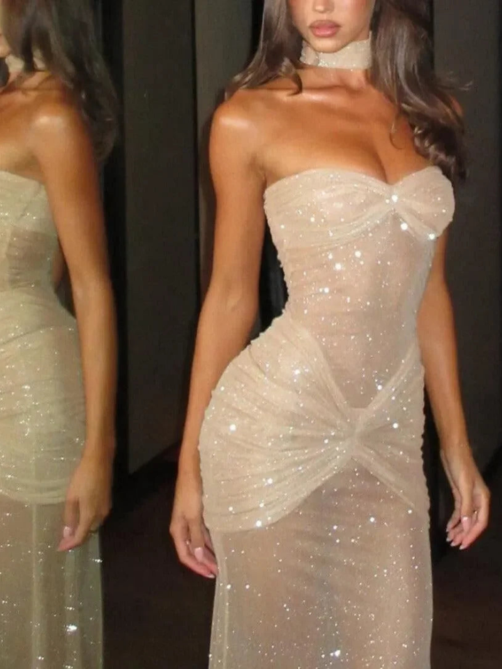 Blanche Women's Strapless Sweetheart Mesh Maxi Dress, Glitter Party Dress – Gold