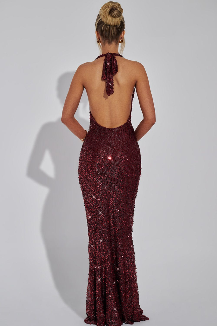 Gemma Women's Halter Sequin Maxi Dress, Open-Back Black Tie Dress – Burgundy