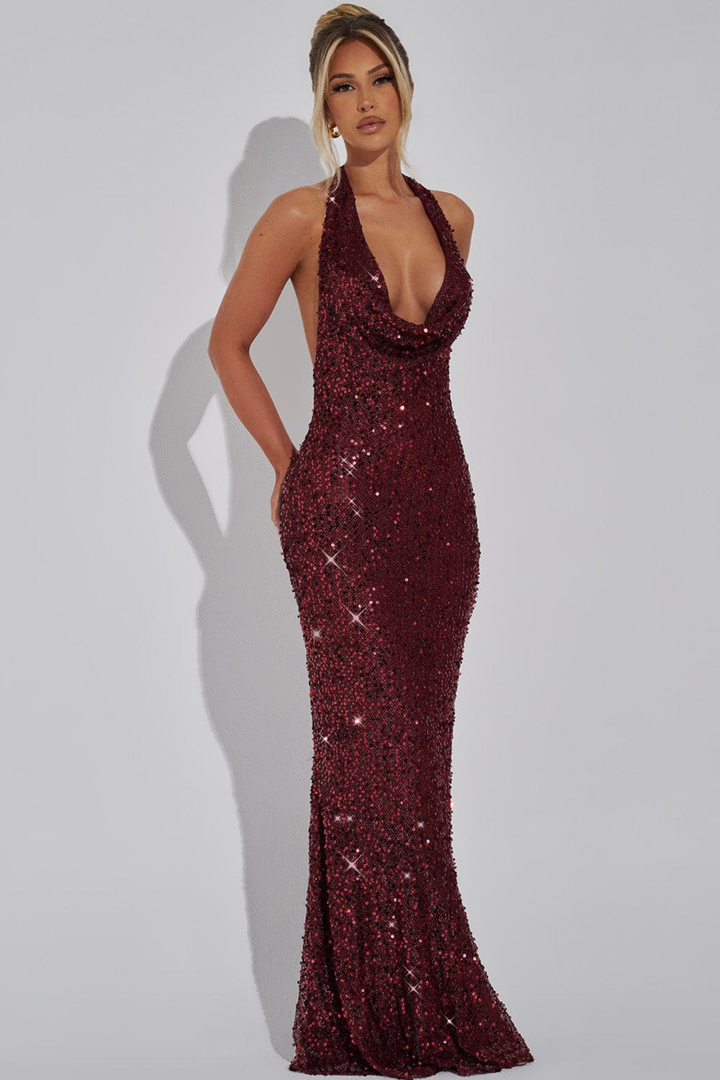 Gemma Women's Halter Sequin Maxi Dress, Open-Back Black Tie Dress – Burgundy