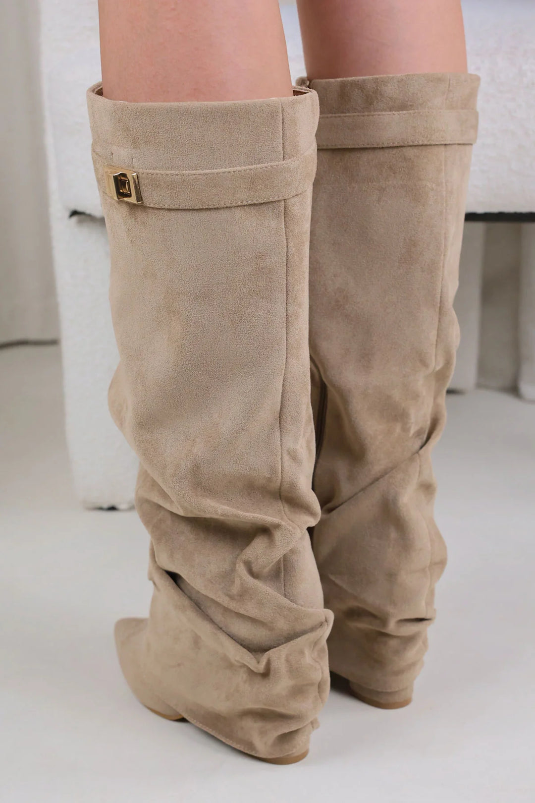 Favinella Slouchy Suede Knee Boots - Beige