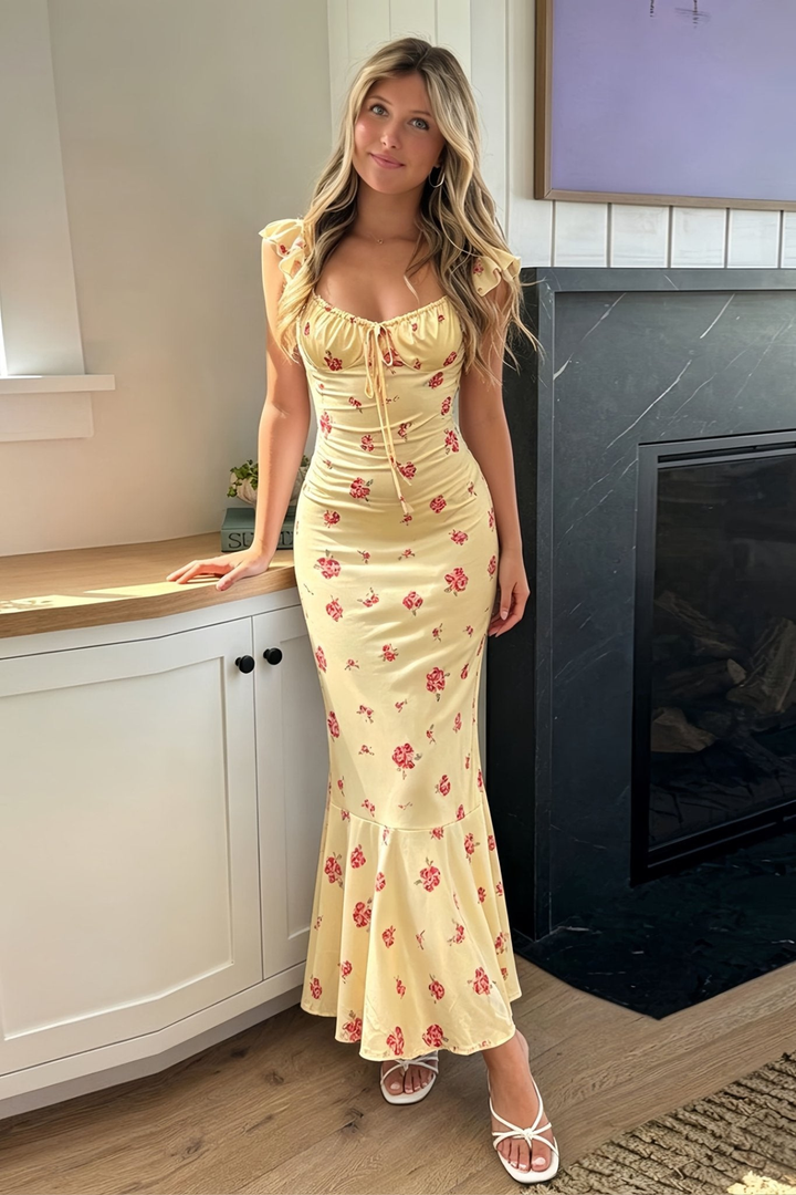 Lucia Ruffled Sweetheart Floral Midi Dress, Backless Garden Party Dress – Yellow