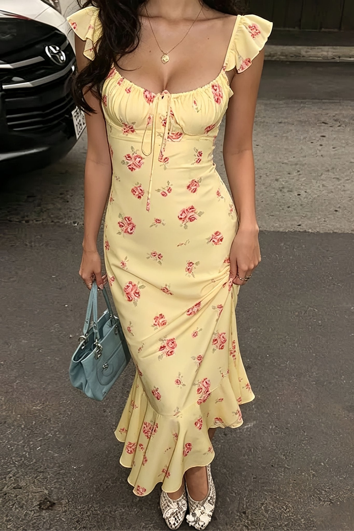 Lucia Ruffled Sweetheart Floral Midi Dress, Backless Garden Party Dress – Yellow