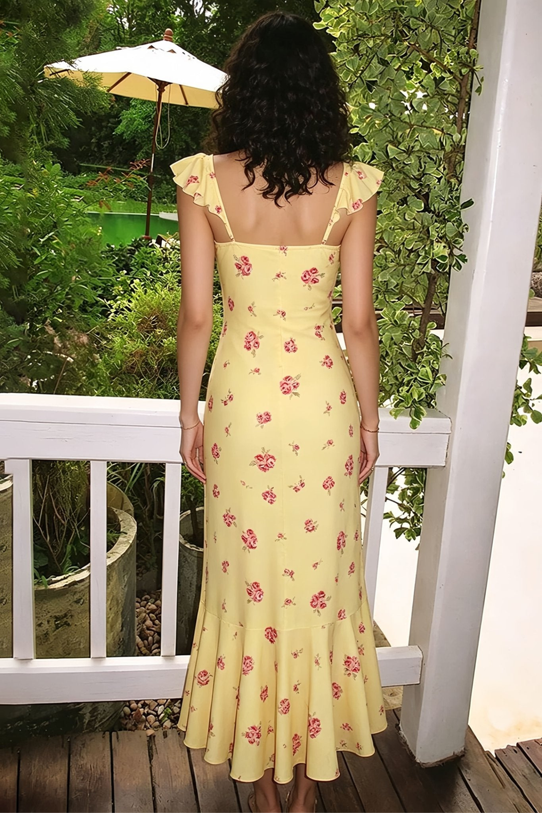 Lucia Ruffled Sweetheart Floral Midi Dress, Backless Garden Party Dress – Yellow