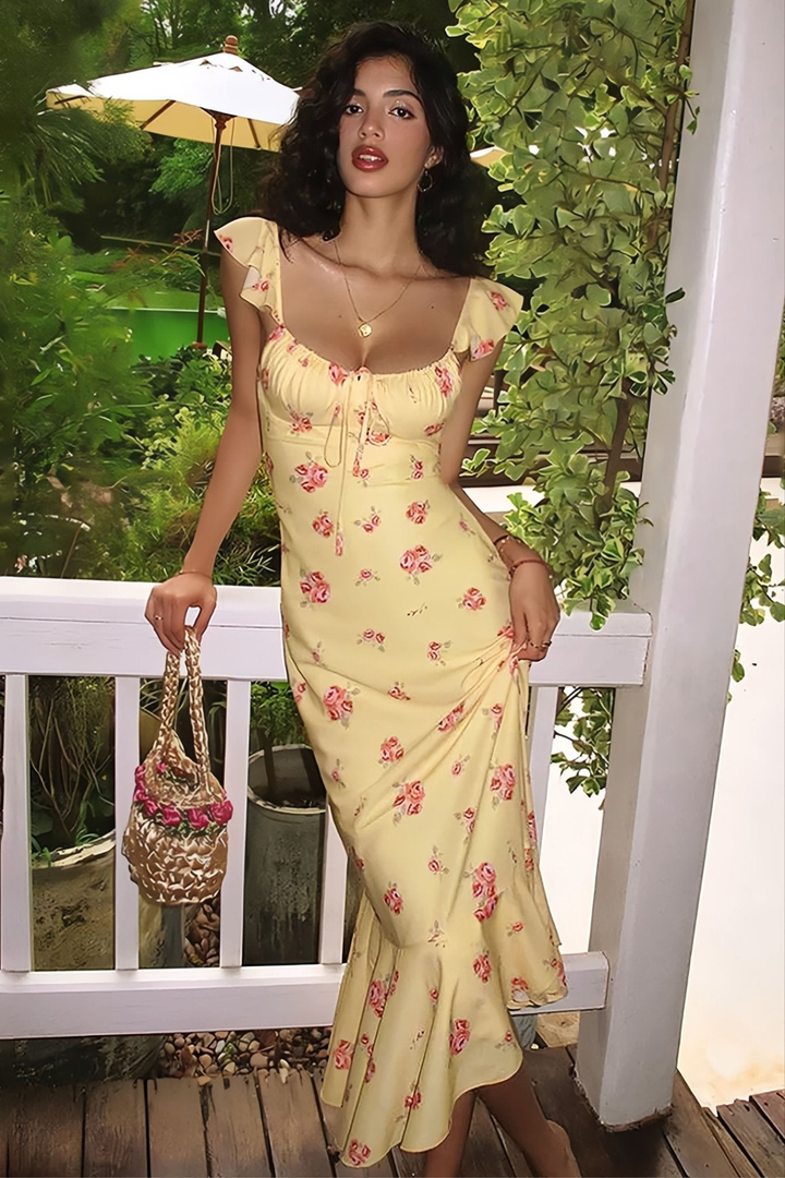 Lucia Ruffled Sweetheart Floral Midi Dress, Backless Garden Party Dress – Yellow