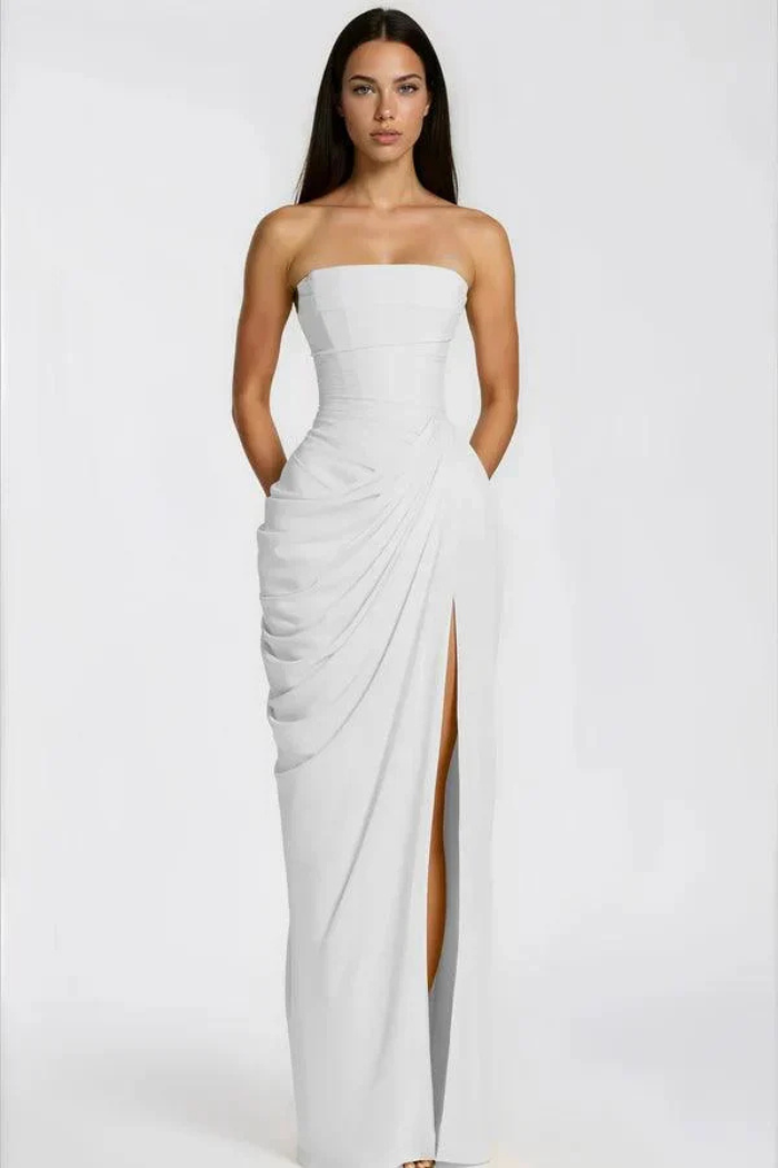 Cosette Women's Strapless Ruched Bridesmaid Dress, High Slit Maxi Dress