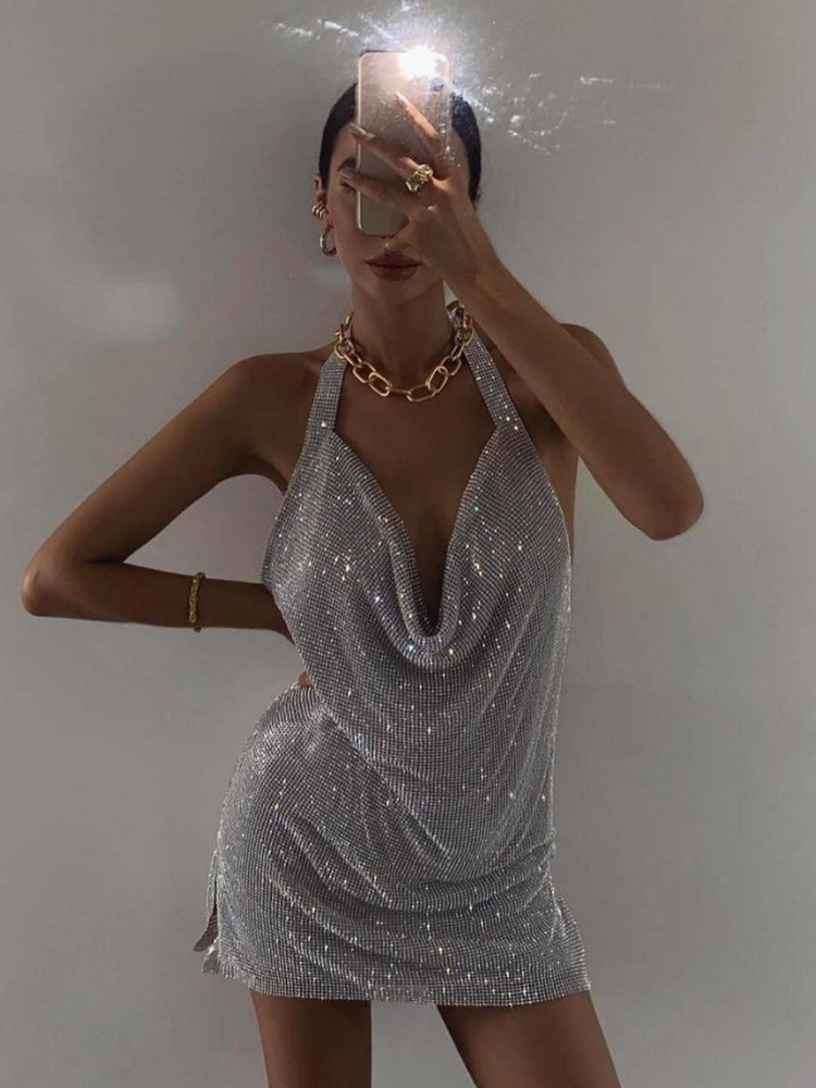 Sableen Women's Cowl Neck Sequin Mini Dress, Backless Going Out Dress – Silver