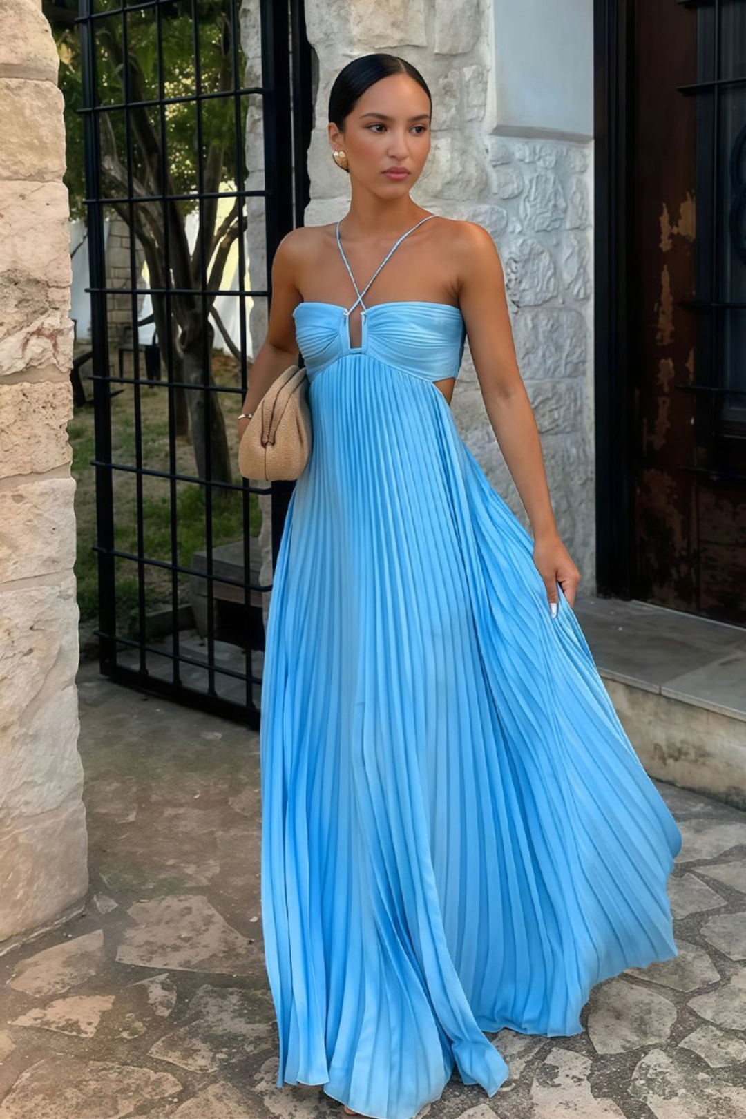 Dorotea Strappy Pleated Maxi Dress, Cut-Out Vacation Dress – Blue
