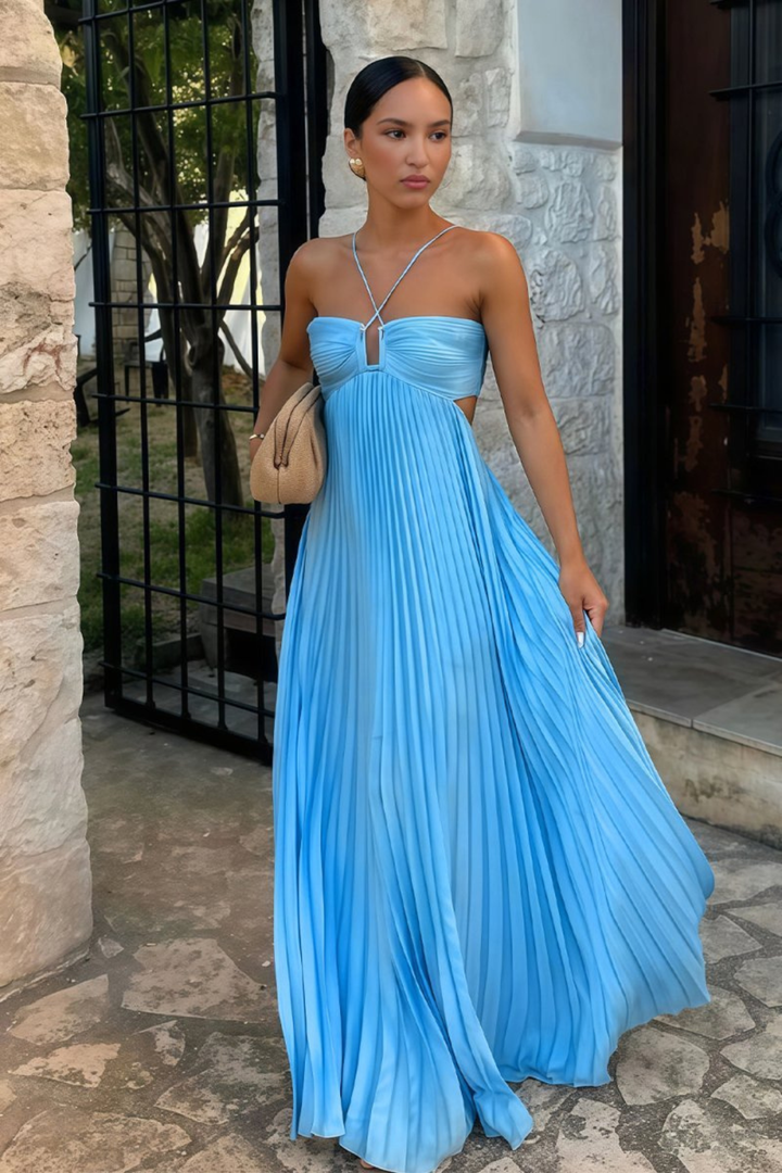 Dorotea Strappy Pleated Maxi Dress, Cut-Out Vacation Dress – Blue
