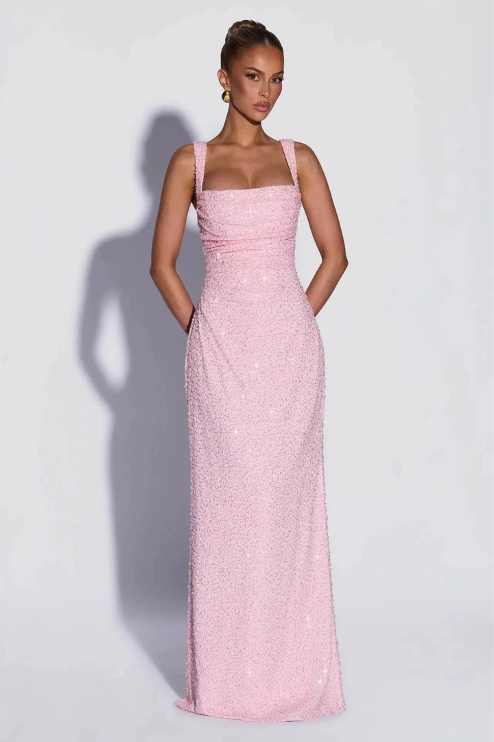 Cariadne Women's Square Neck Sequin Maxi Dress, Formal Gala Dress – Light Pink