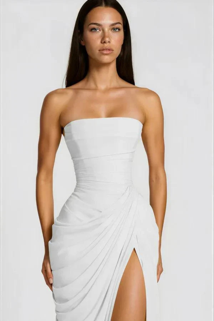 Cosette Women's Strapless Ruched Bridesmaid Dress, High Slit Maxi Dress