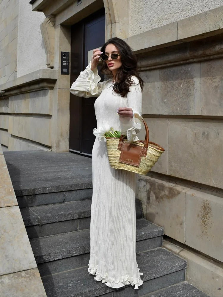 Barbanella Long Sleeve Flowy Ribbed Knit Sweater Maxi Dress