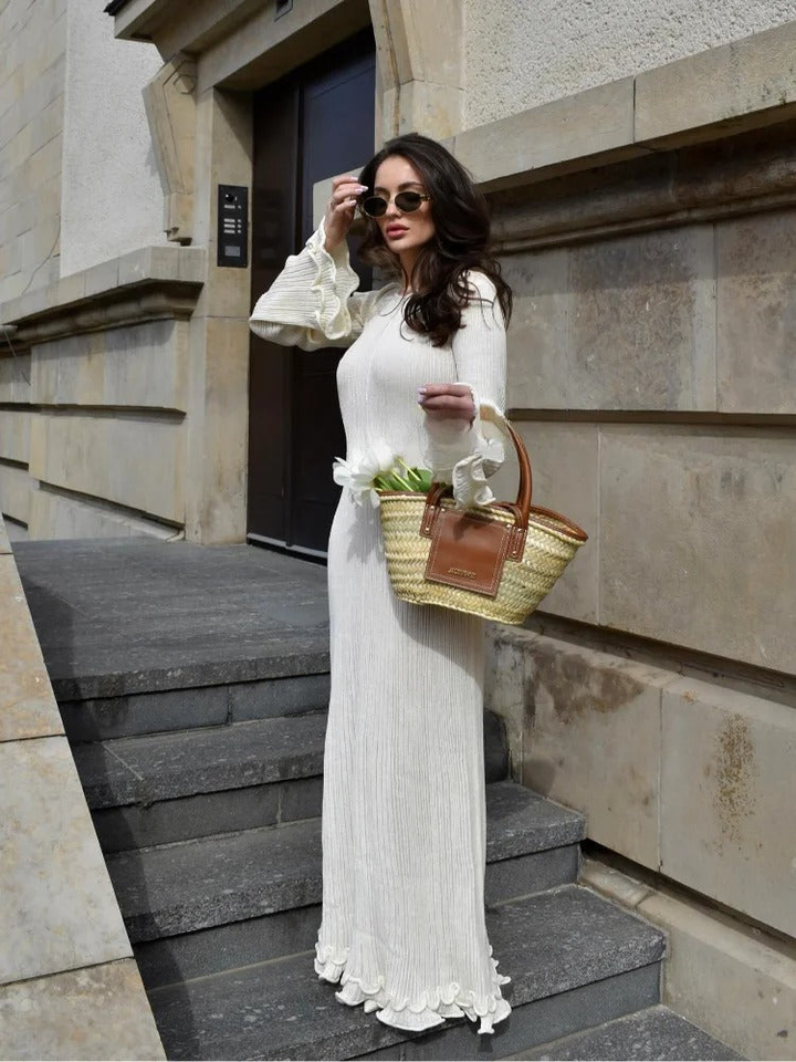 Barbanella Long Sleeve Ruffle Hem Flowy Ribbed Knit Maxi Dress