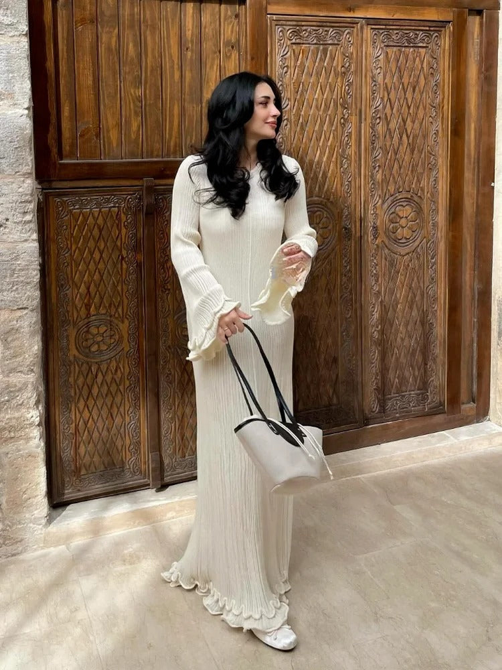 Barbanella Long Sleeve Ruffle Hem Flowy Ribbed Knit Maxi Dress