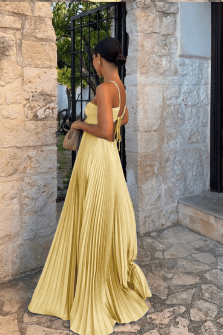 Dorotea Strappy Pleated Maxi Dress, Cut-Out Vacation Dress – Blue
