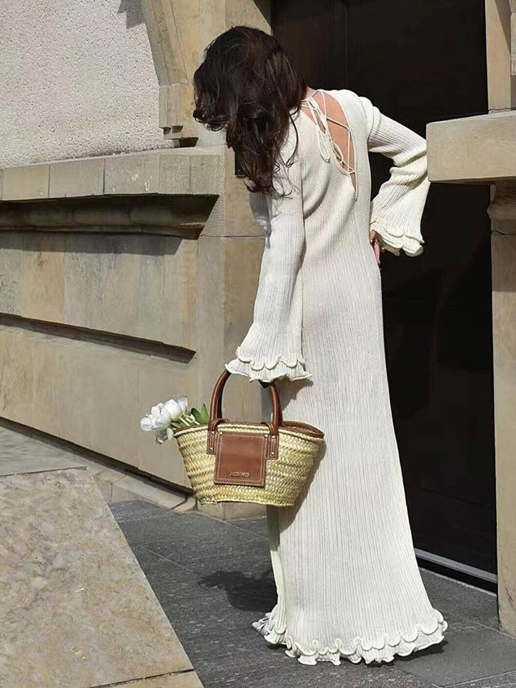 Barbanella Long Sleeve Ruffle Hem Flowy Ribbed Knit Maxi Dress