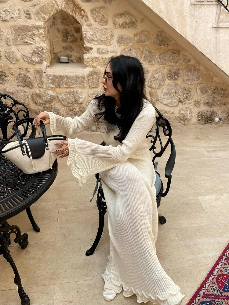 Barbanella Long Sleeve Ruffle Hem Flowy Ribbed Knit Maxi Dress