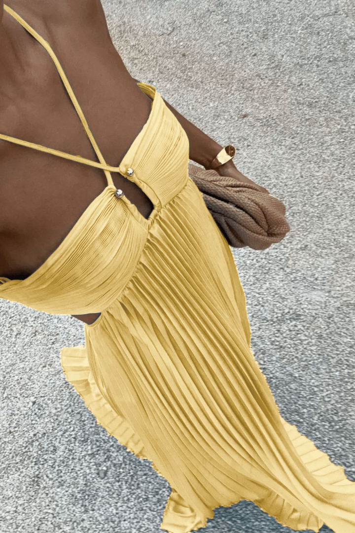 Dorotea Strappy Pleated Maxi Dress, Cut-Out Vacation Dress – Blue