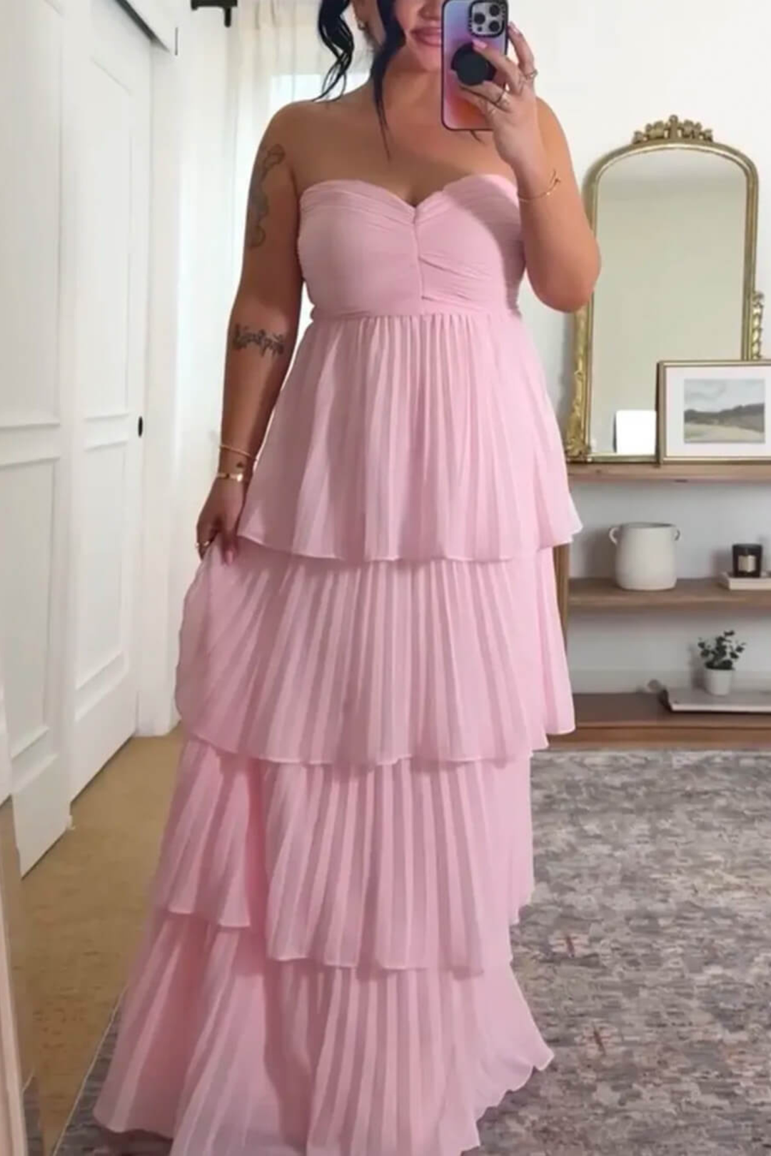 Rosalie Women's Strapless Tiered Maxi Dress, Pleated Wedding Guest Dress – Pink