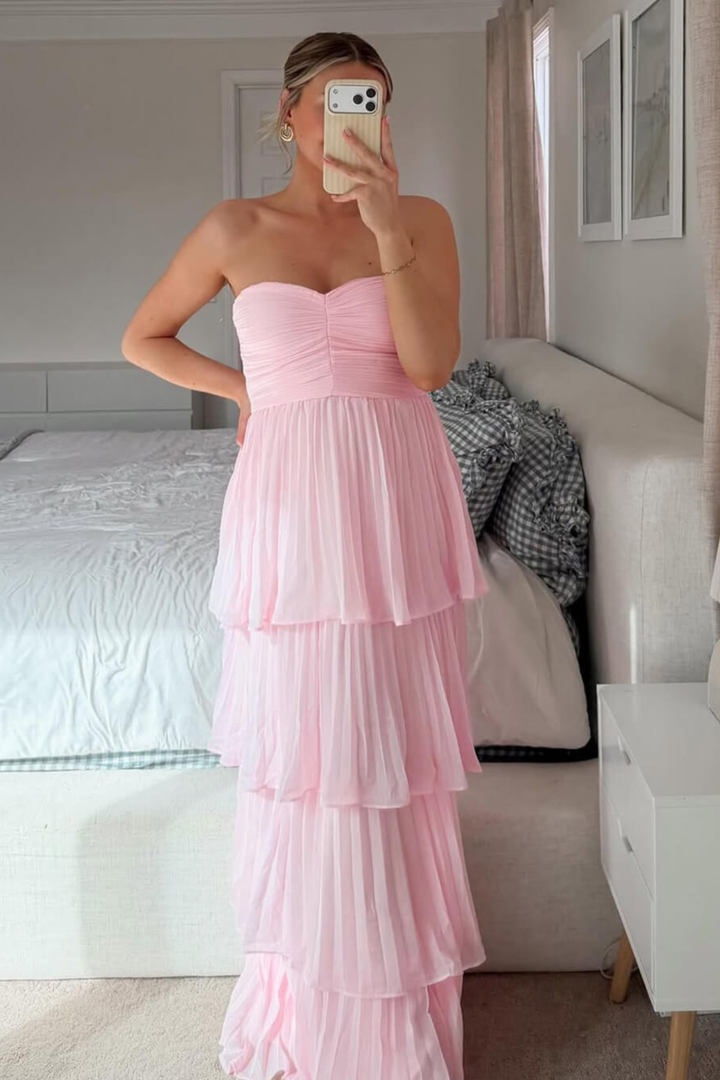 Rosalie Women's Strapless Tiered Maxi Dress, Pleated Wedding Guest Dress – Pink