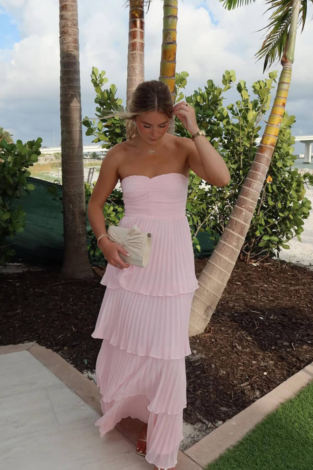 Rosalie Women's Strapless Tiered Maxi Dress, Pleated Wedding Guest Dress – Pink