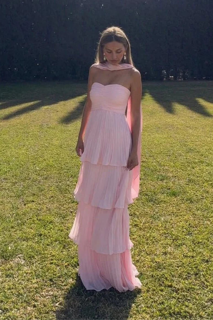 Rosalie Women's Strapless Tiered Maxi Dress, Pleated Wedding Guest Dress – Pink