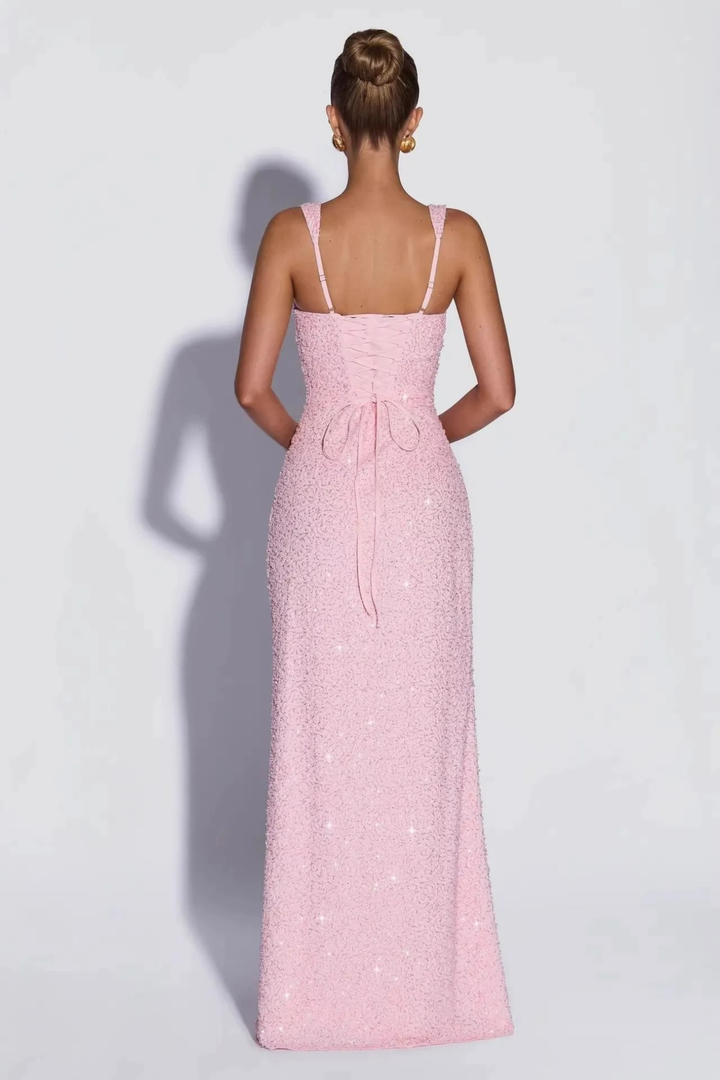 Cariadne Women's Square Neck Sequin Maxi Dress, Formal Gala Dress – Light Pink