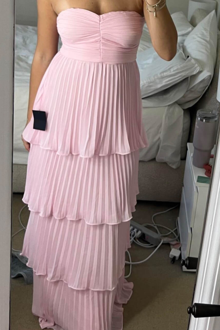 Rosalie Women's Strapless Tiered Maxi Dress, Pleated Wedding Guest Dress – Pink