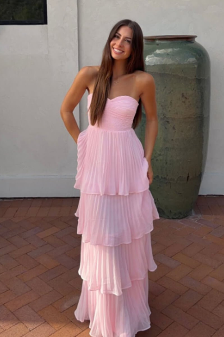 Rosalie Women's Strapless Tiered Maxi Dress, Pleated Wedding Guest Dress – Pink