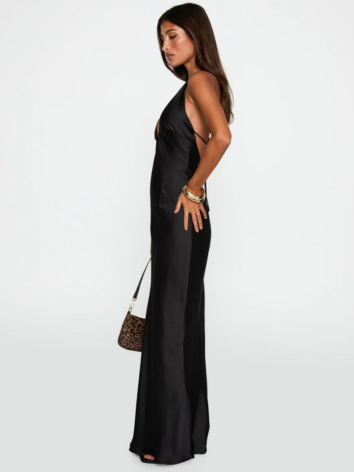 Nyxelle Women's Halter Satin Maxi Dress, Open-Back Gala Dress – Black