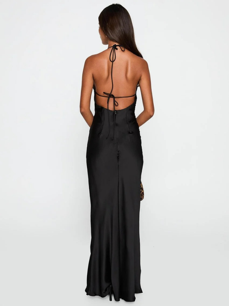 Nyxelle Women's Halter Satin Maxi Dress, Open-Back Gala Dress – Black