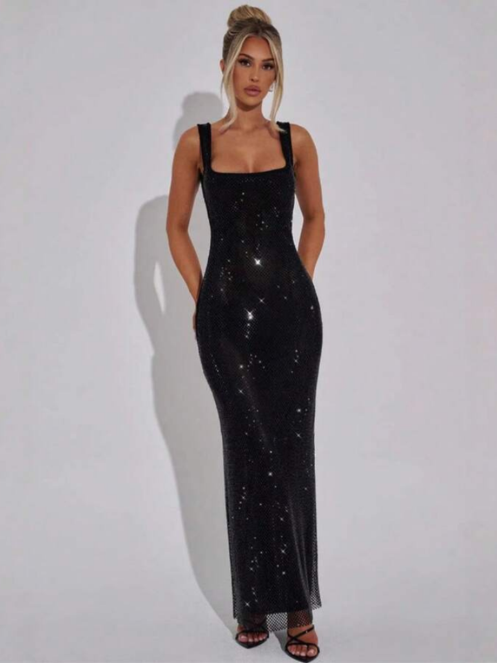 Berenice Women's Square Neck Bodycon Maxi Dress, Rhinestone Cocktail Dress