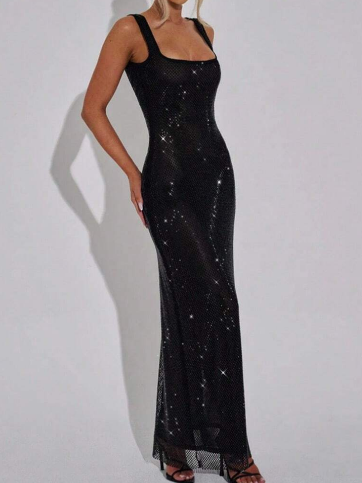 Berenice Women's Square Neck Bodycon Maxi Dress, Rhinestone Cocktail Dress